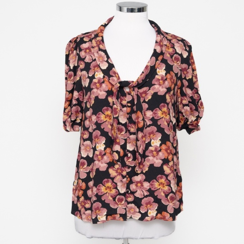 Reformation Joelle Floral Tie Neck Button Up Top